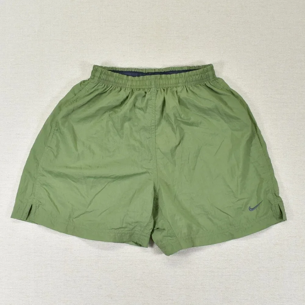 Nike Boys M 8-10 Green Athletic Nylon Shorts Windbreaker Unlined Swoosh Y2K